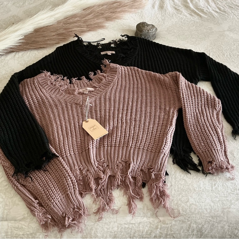 Distressed V-Neck Knit Sweater - Only pink available $25 each